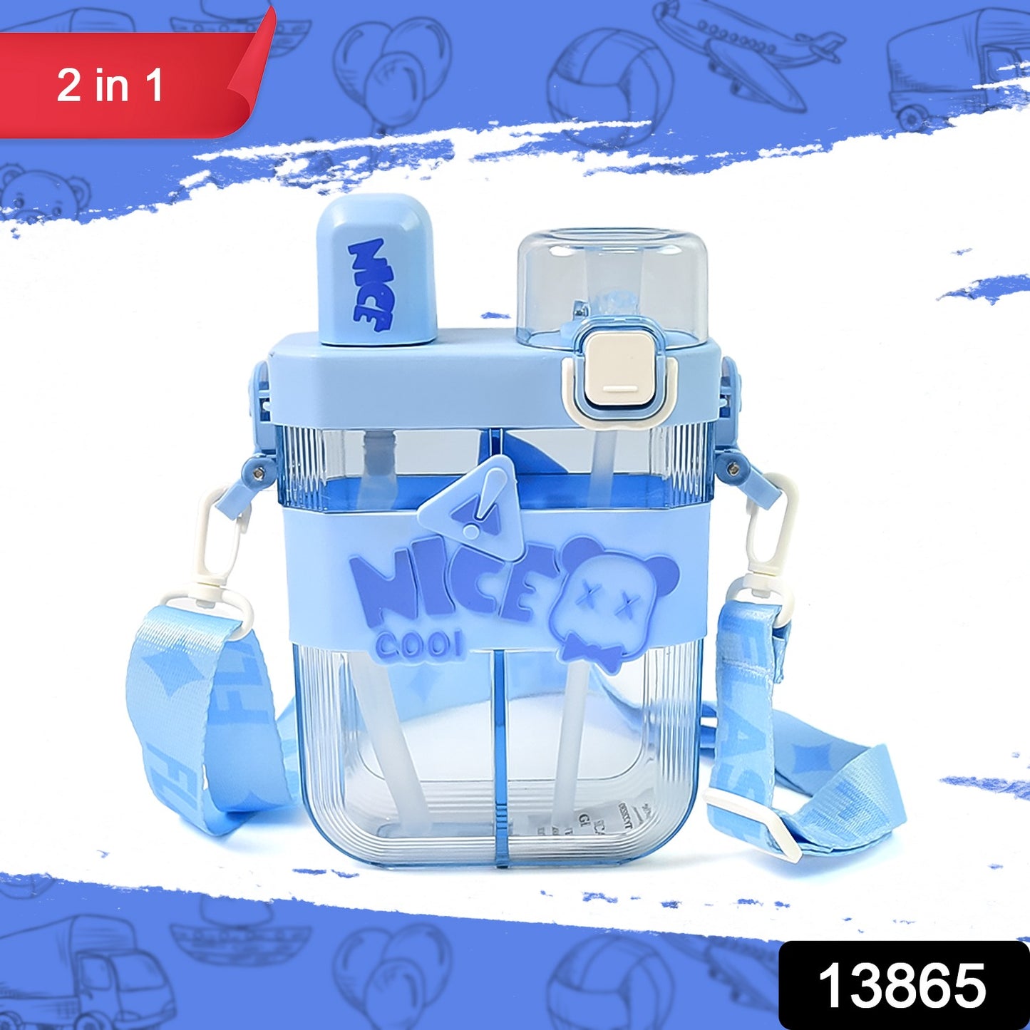 2 in 1 Dual Compartment Water Bottle | With Straw & Shoulder Strap