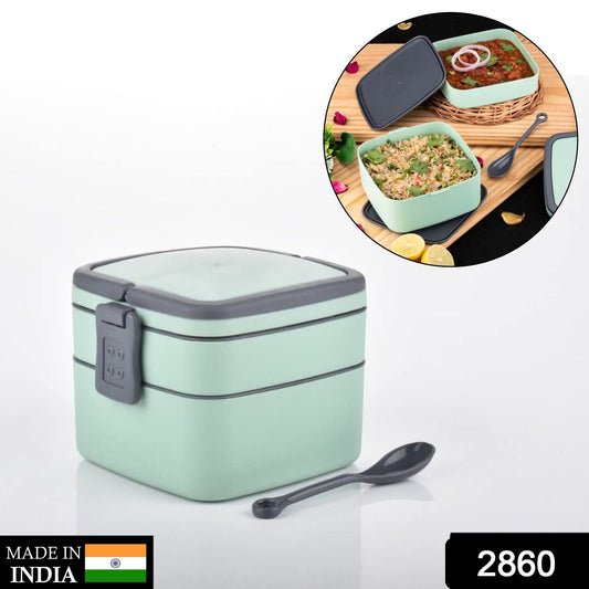 Green Double-Layer Portable Lunch Box | Stackable Lunch Box with Handle & Spoon for Office, School & Travel